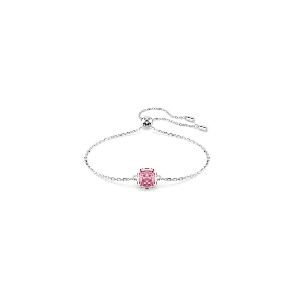 Pulsera Birthstone, Talla cuadrada, Octubre, Rosa, Baño de rodio